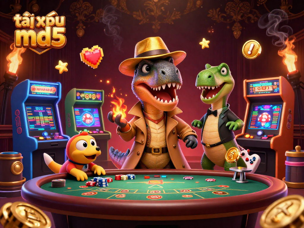 Experience the excitement of tài xỉu md5 with a velociraptor at a blackjack table in a vibrant casino setting.