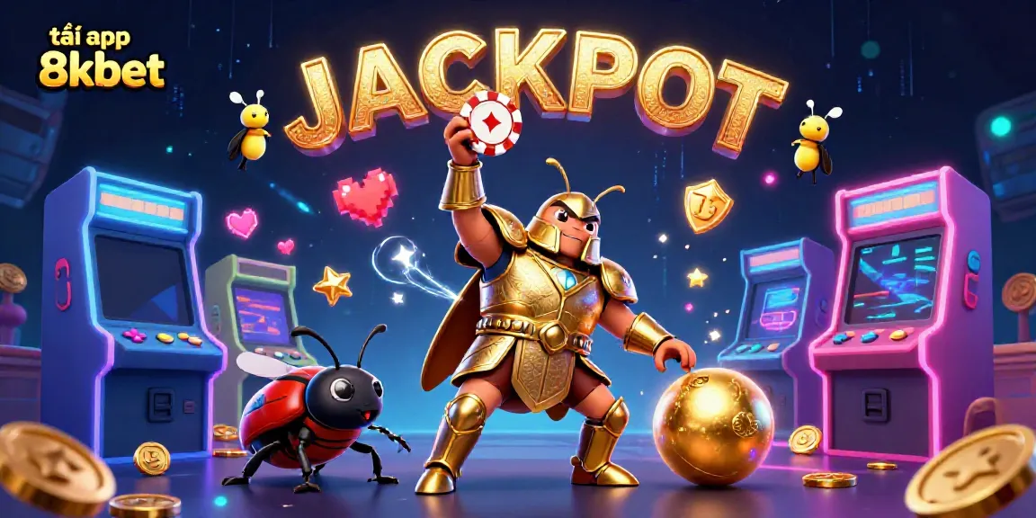 Engage with the vibrant scene depicting tải app 8kbet through a victorious beetle lifting a poker chip, enriched with casino game elements.