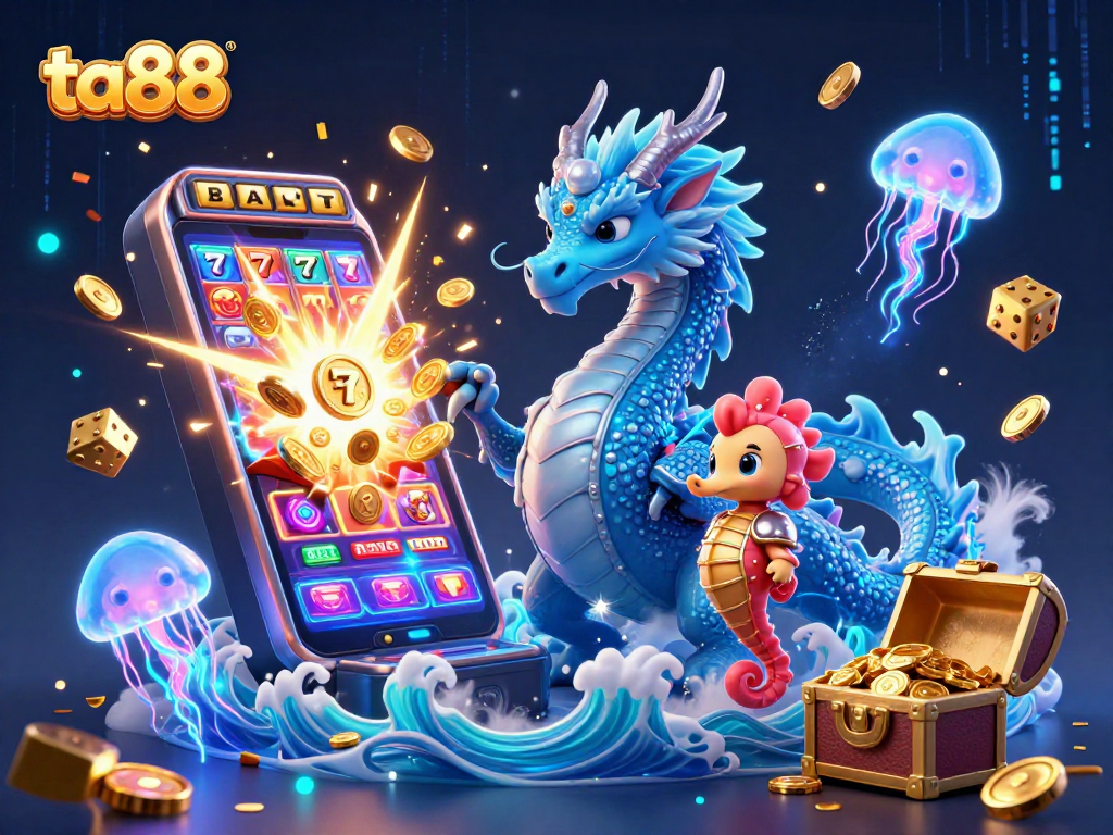 Play thrilling casino games at ta88 highlighted by an azure water dragon surrounded by vibrant jackpots.