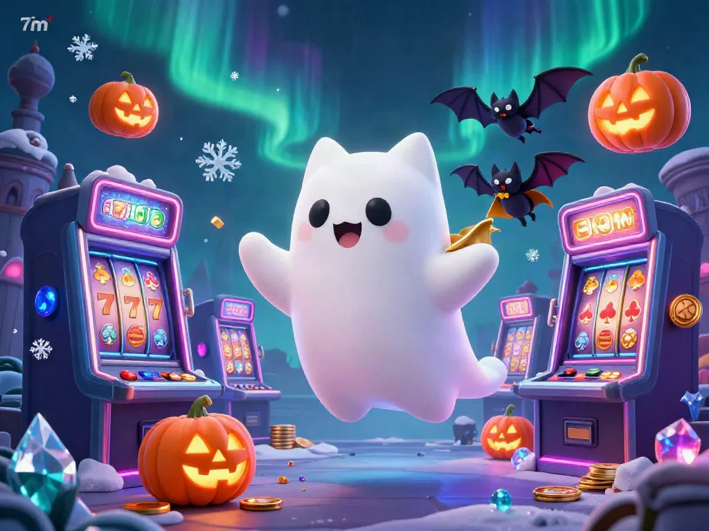 Engage in thrilling 7m gaming with a sparkling casino scene featuring a ghost cat and glowing slot machines.