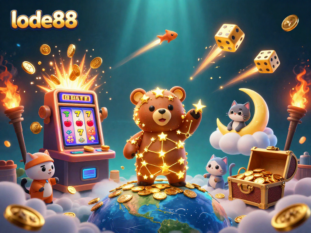 Lode88 players enjoy winning with a dynamic casino scene featuring vibrant slot machines and lucky symbols
