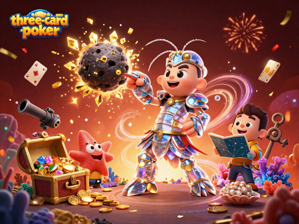 Engage in three-card-poker with vibrant action featuring game elements, gems, and cards.