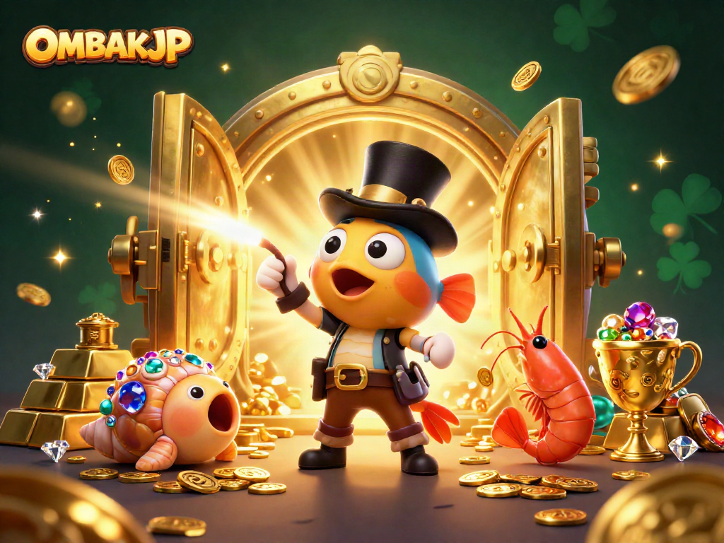 Play OMBAKJP and win gold coins in this vibrant 3D casino fantasy illustration.