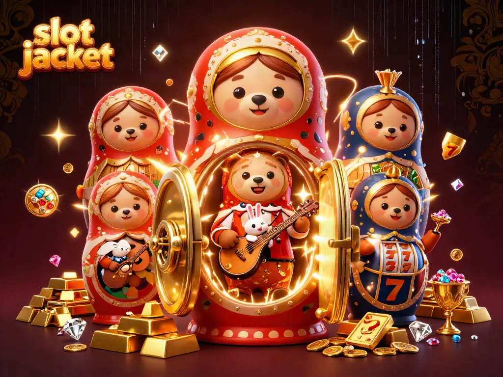 Experience excitement with slot jackpot in vibrant 3D casino fantasy featuring Matryoshka bears and treasures.