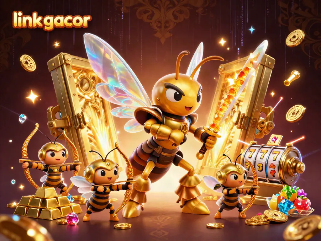 Experience winning with link gacor in a vibrant 3D casino-themed illustration featuring dynamic characters.