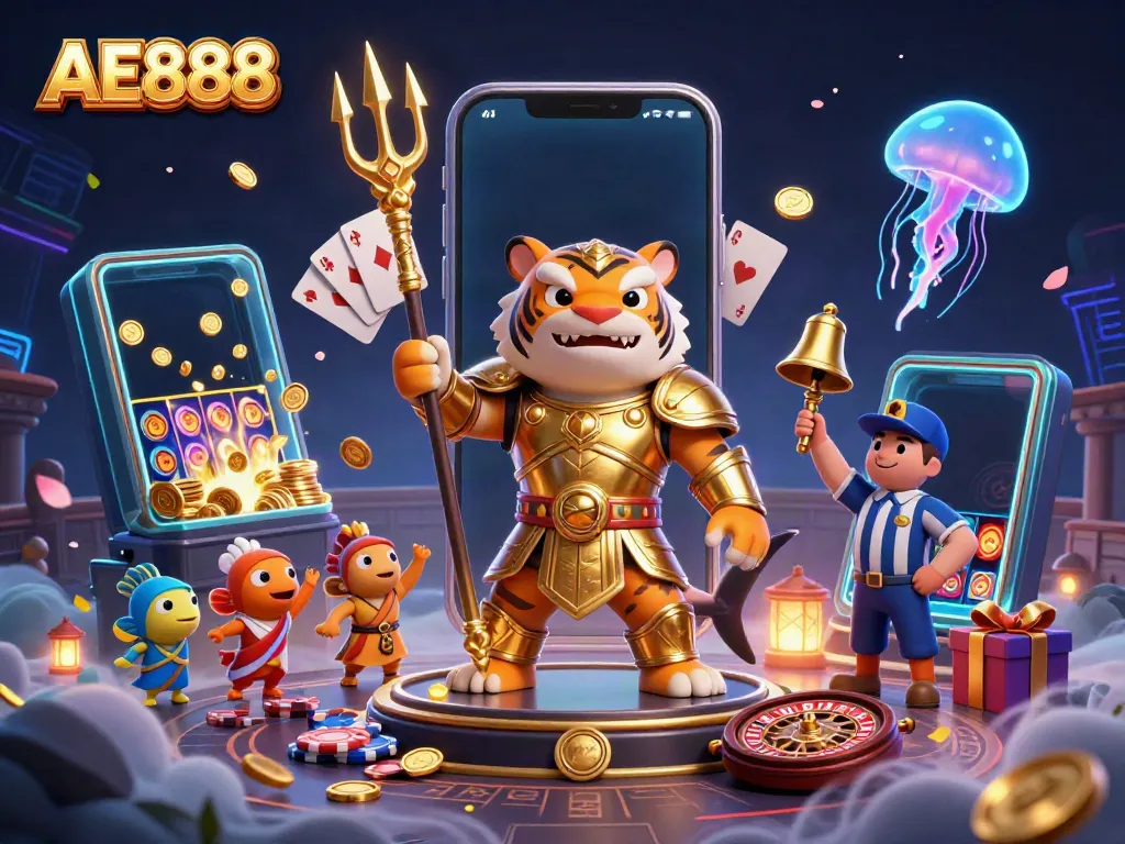 Experience AE888's vibrant underwater casino adventures with a ferocious shark and colorful gaming elements.