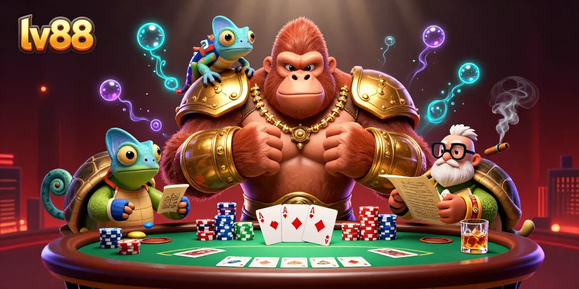 Experience thrilling poker action with the powerful lv88 gorilla king and colorful characters in dynamic casino scene.