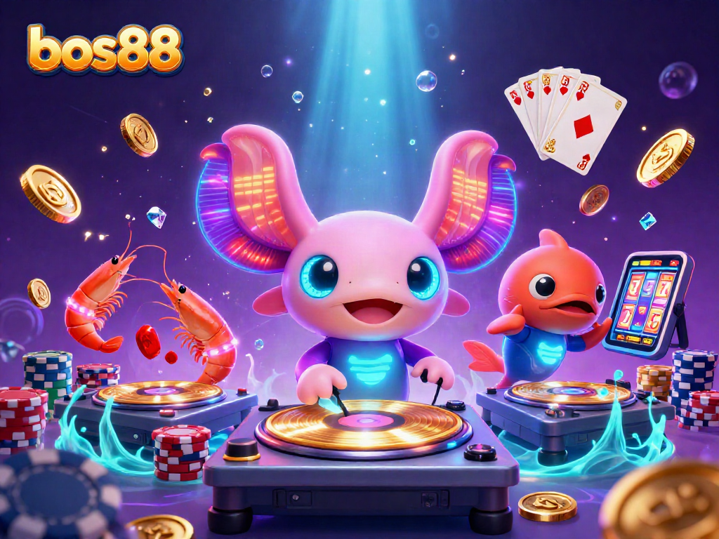 Bermain di bos88 dengan slot dan kartu poker di sekitar DJ neon yang penuh warna.