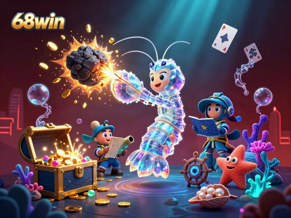 Experience excitement with 68win's galactic samurai mantis shrimp exploring underwater treasures amidst glowing casino elements.