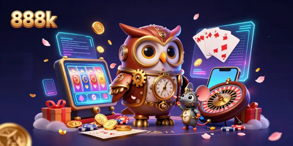 Experience epic wins with 888k in a vibrant casino scene featuring a time-traveler owl and dynamic gaming elements.
