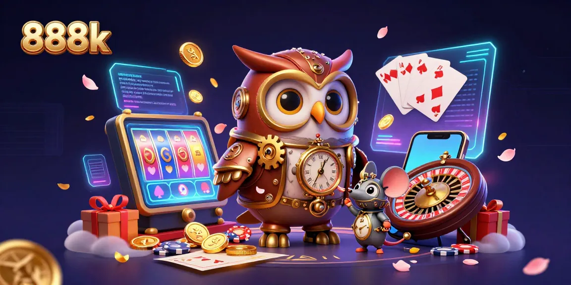 Experience epic wins with 888k in a vibrant casino scene featuring a time-traveler owl and dynamic gaming elements.