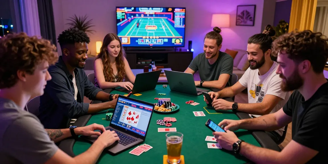 Friends enjoying a lively gaming night at top credit card casinos in a modern living room setting