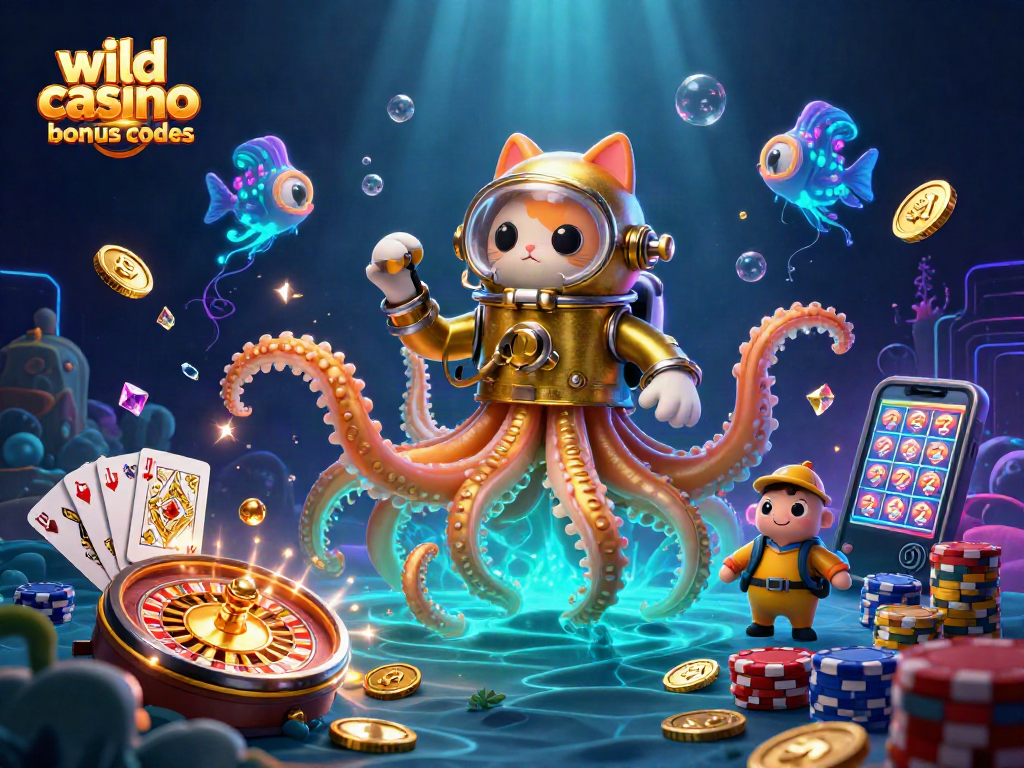 Engage with wild casino bonus codes while exploring treasure with a cartoon kraken, diving cat, and more.