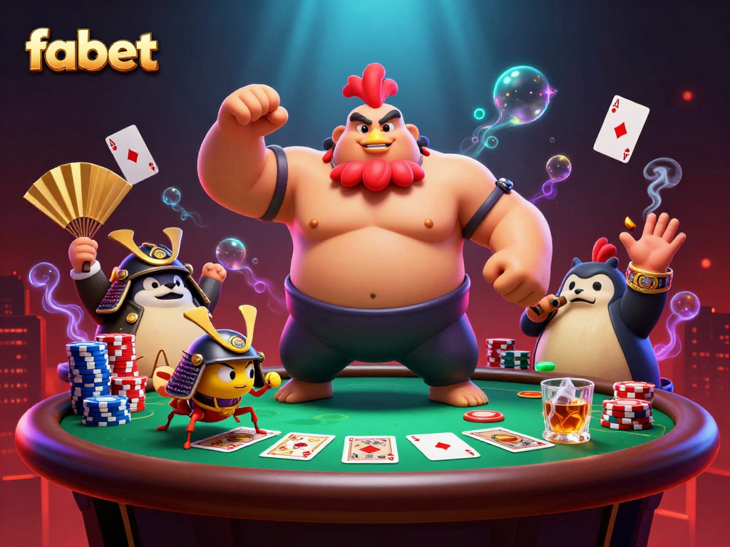 Experience exhilarating action at fabet with an engaging casino scene featuring poker, sumo characters, and vibrant ambiance.
