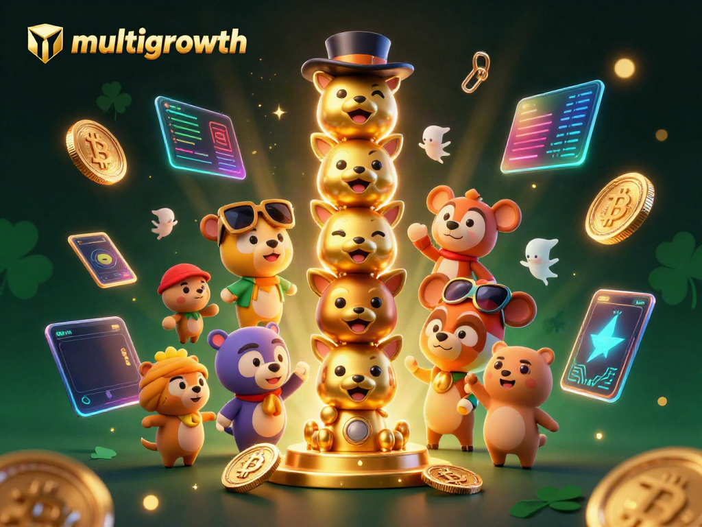 Engage in multigrowth gaming with dynamic 3D casino elements, highlighting neon cryptocurrencies.