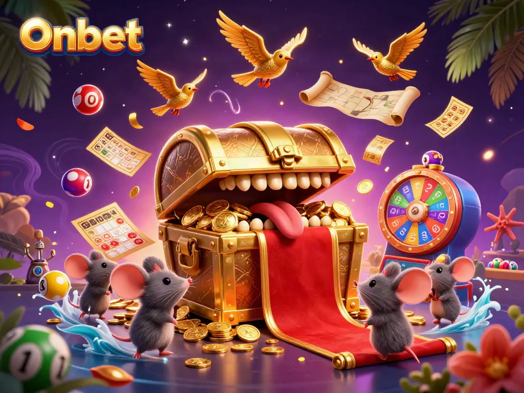 Experience the excitement of Onbet as you explore this vibrant 3D casino scene filled with golden treasures and dynamic game elements.