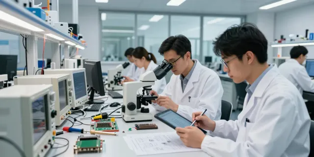 Tim insinyur di https://www.oe-semiconductor.com/index2.html menganalisis wafer silikon di lab modern yang canggih.