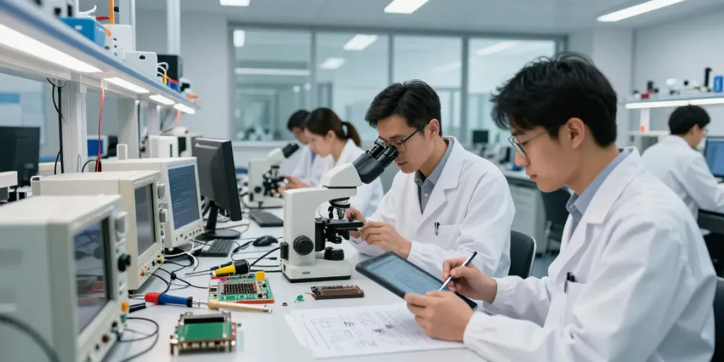 Tim insinyur di https://www.oe-semiconductor.com/index2.html menganalisis wafer silikon di lab modern yang canggih.