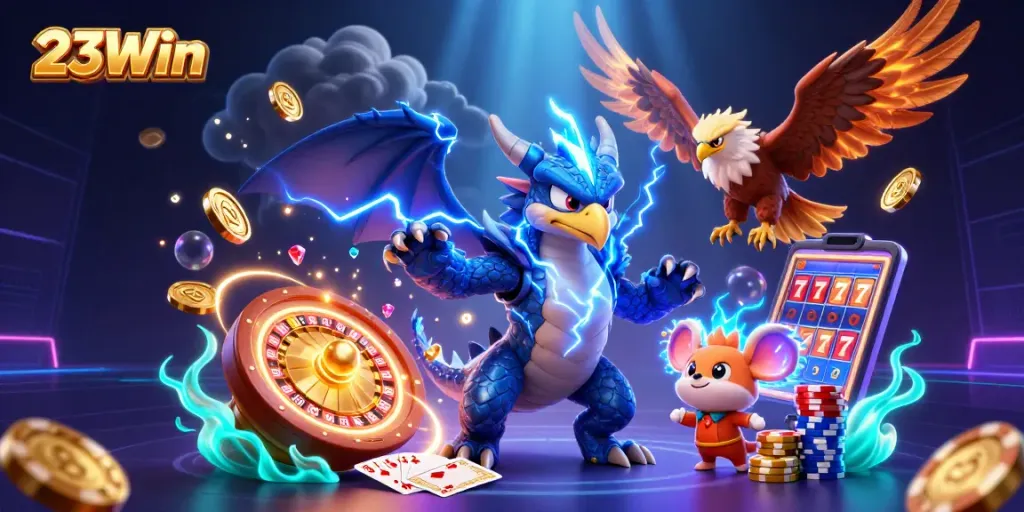 Experience the thrill of 23Win with vibrant casino elements and cartoon characters.