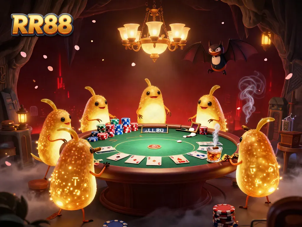 Watch as RR88's glowing glowworms enhance the cave casino experience with poker and vibrant gameplay.