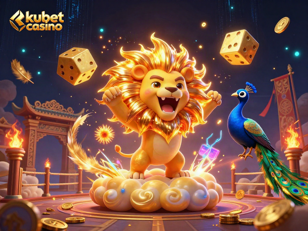 Experience kubet casino excitement with a roaring sun lion and tumbling golden dice in a dynamic 3D scene.
