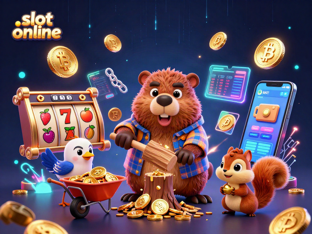 Mengumpulkan koin emas di slot online bersama karakter kartun beruang penggerek, burung teman dan tupai yang menumpuk kenari emas.