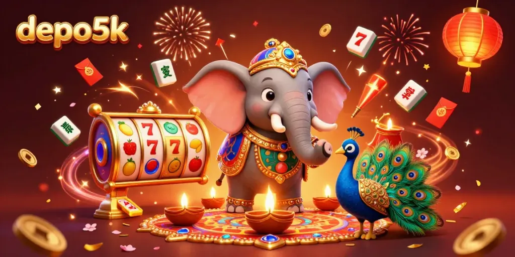 Engage in the vibrant world of depo5k with spinning slot reels, colorful fruit symbols, and festive elements.