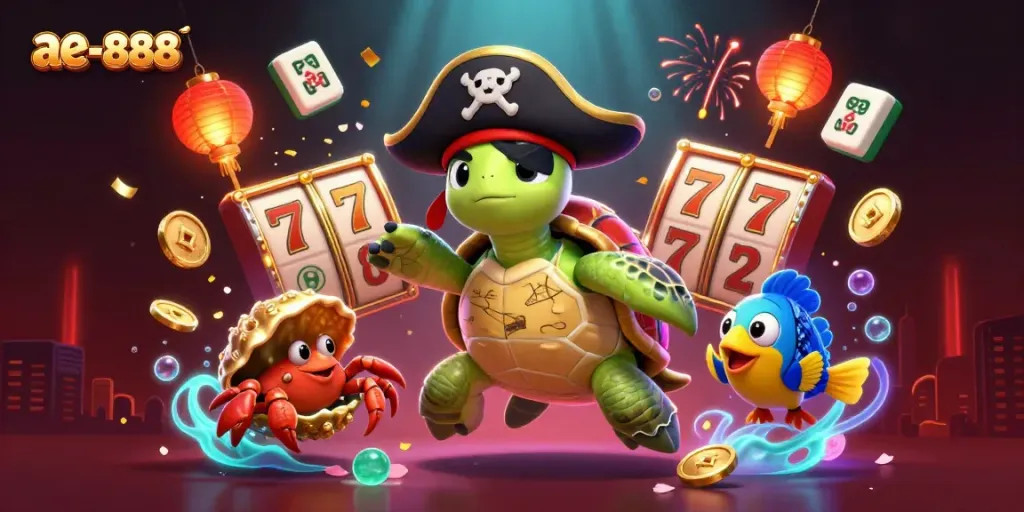 Engage in thrilling gameplay with ae-888 as a pirate turtle leads an exciting casino adventure.