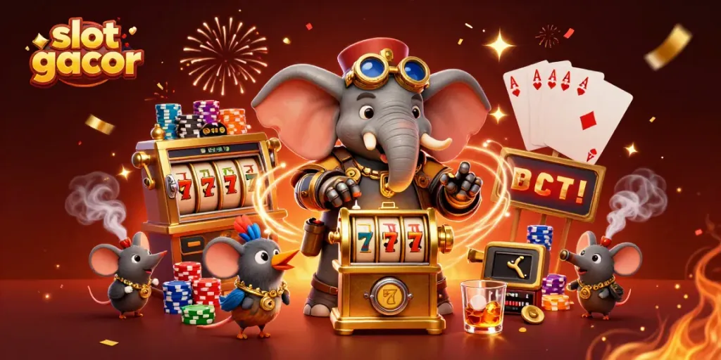 Experience thrilling gameplay with slot gacor, featuring a steampunk elephant engineer on a dynamic slot machine.