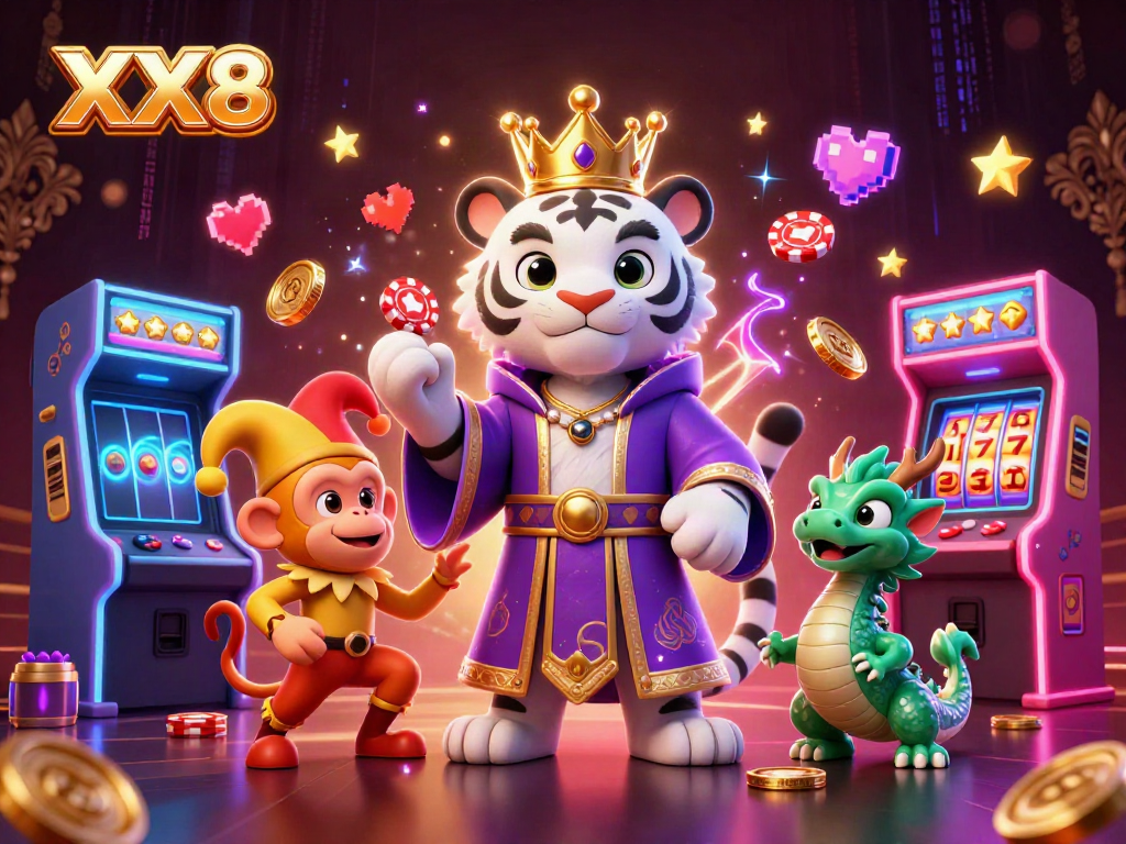 Experience thrilling gaming with XX8, featuring a majestic tiger and joyful monkey in a lavish casino setting.