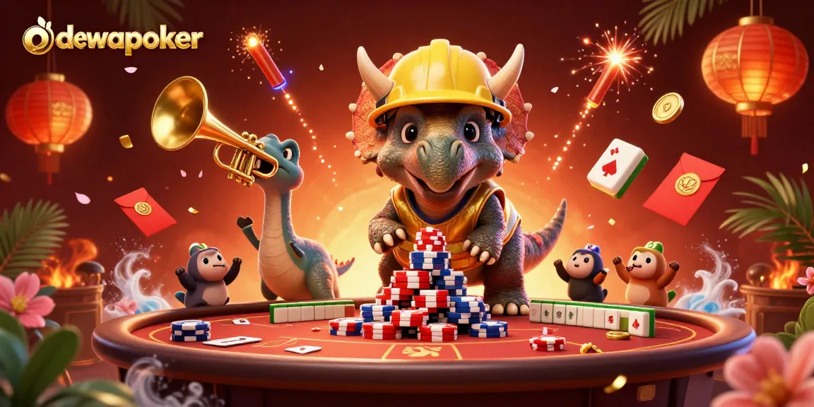 Dewapoker casino illustration showcasing vibrant gaming elements and characters celebrating a winning atmosphere.