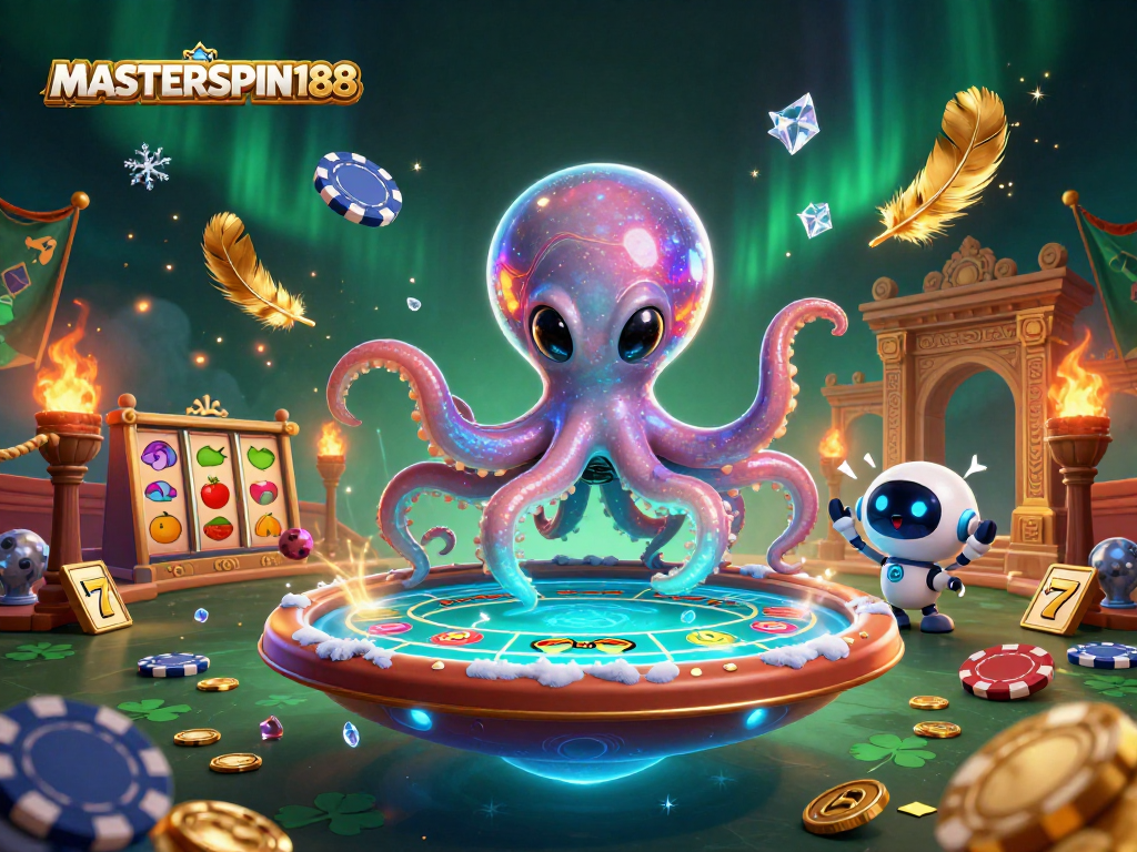 Engage with MASTERSPIN188's thrilling casino action featuring an alien octopus at a holographic poker table.