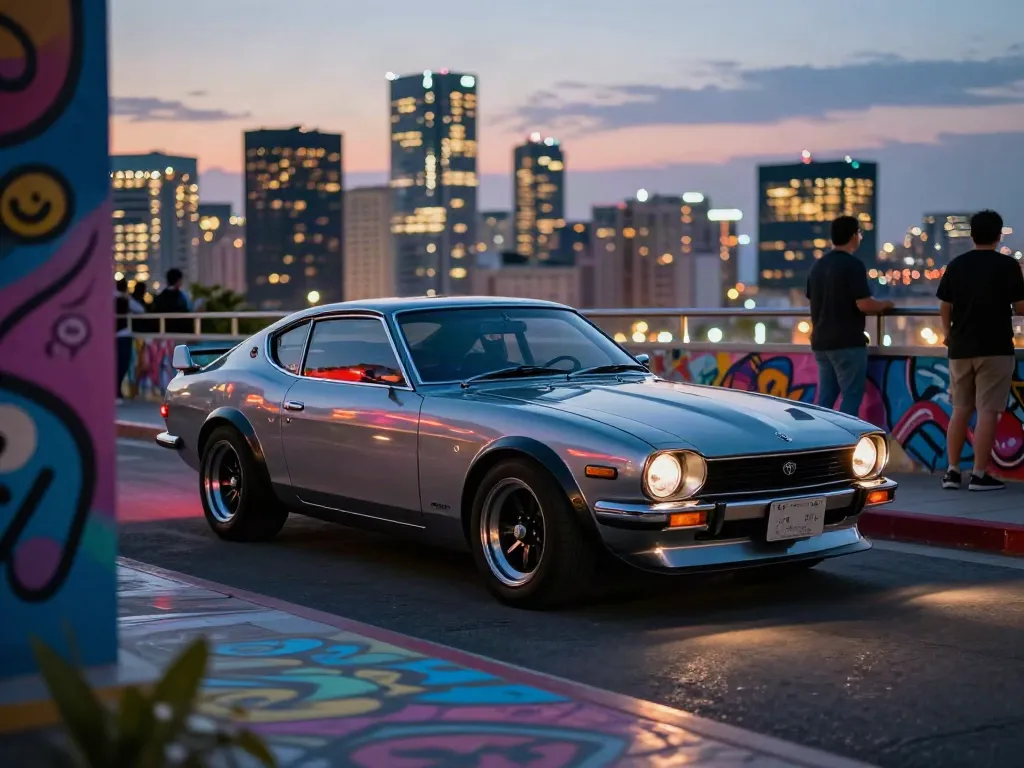 A80 platform Toyota Supra parked in an urban setting with city lights reflecting on its surface during dusk.