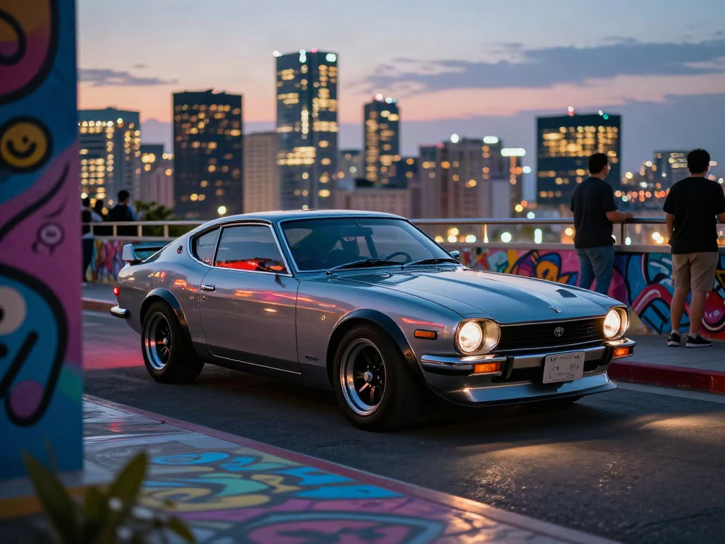A80 platform Toyota Supra parked in an urban setting with city lights reflecting on its surface during dusk.