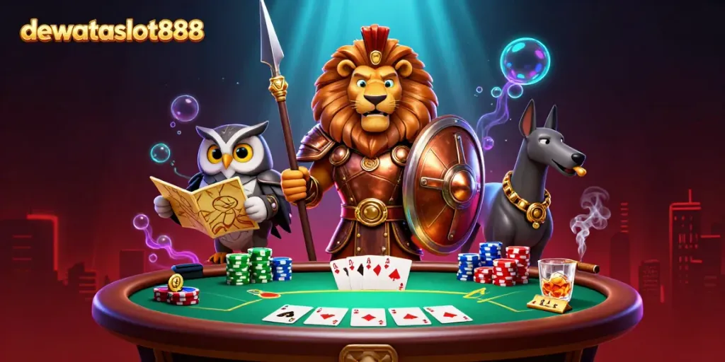 Latihan capsa susun di dewataslot888 dengan karakter heroik dan elemen poker mencolok.
