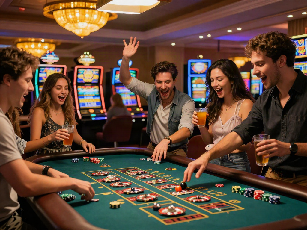 Cheering group enjoying hargatoto night at a vibrant casino table.