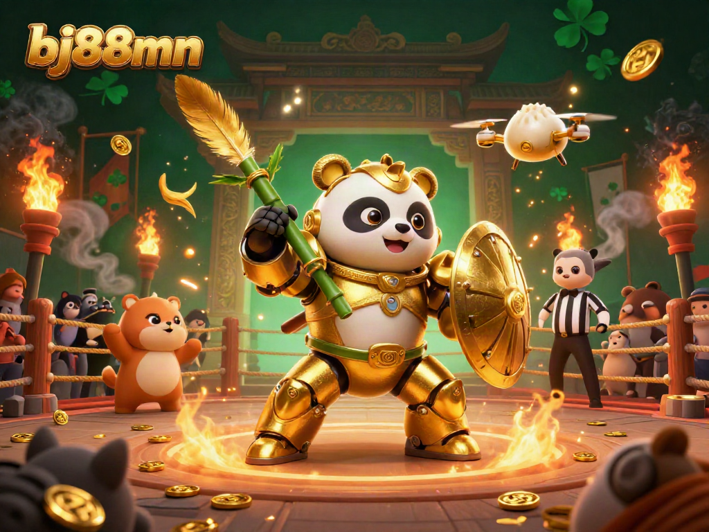 Engage in thrilling battles with the bj88mn golden panda mech at a vibrant gambling arena.