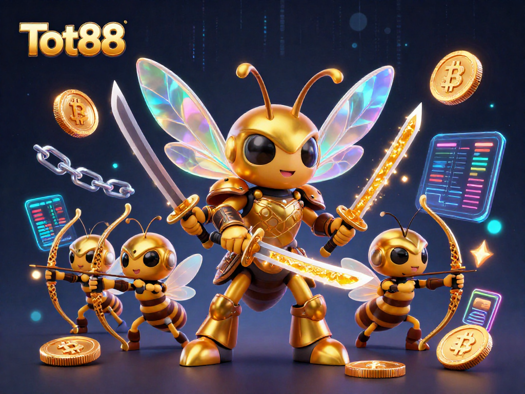 Tot88 showcases a vibrant casino scene with crypto elements and dynamic 3D characters.