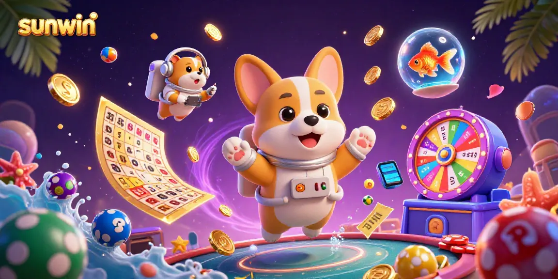 Experience sunwin gaming with a vibrant 3D casino scene, featuring a playful astronaut corgi and dynamic lottery elements.