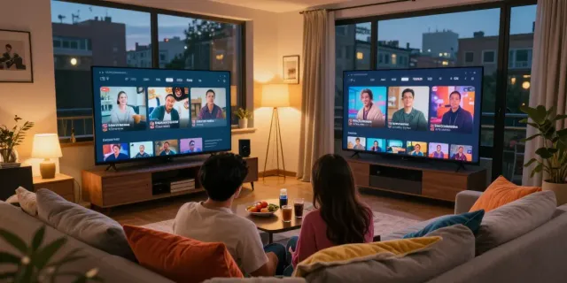 Pasangan menikmati malam santai dengan tayangan bokep terbaru di ruang tamu yang hangat.