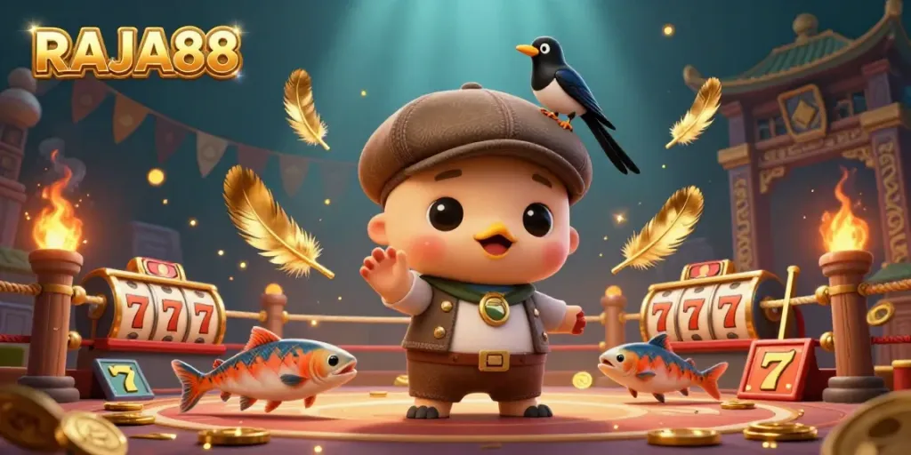 RAJA88 mempersembahkan ilustrasi kasino yang penuh warna dan bersemangat dengan karakter 3D.