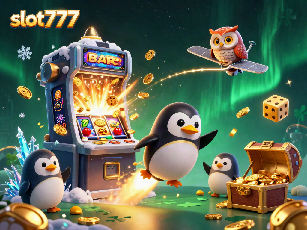 Experience slot777 gameplay with an exciting golden penguin racing towards a vibrant casino rocket.