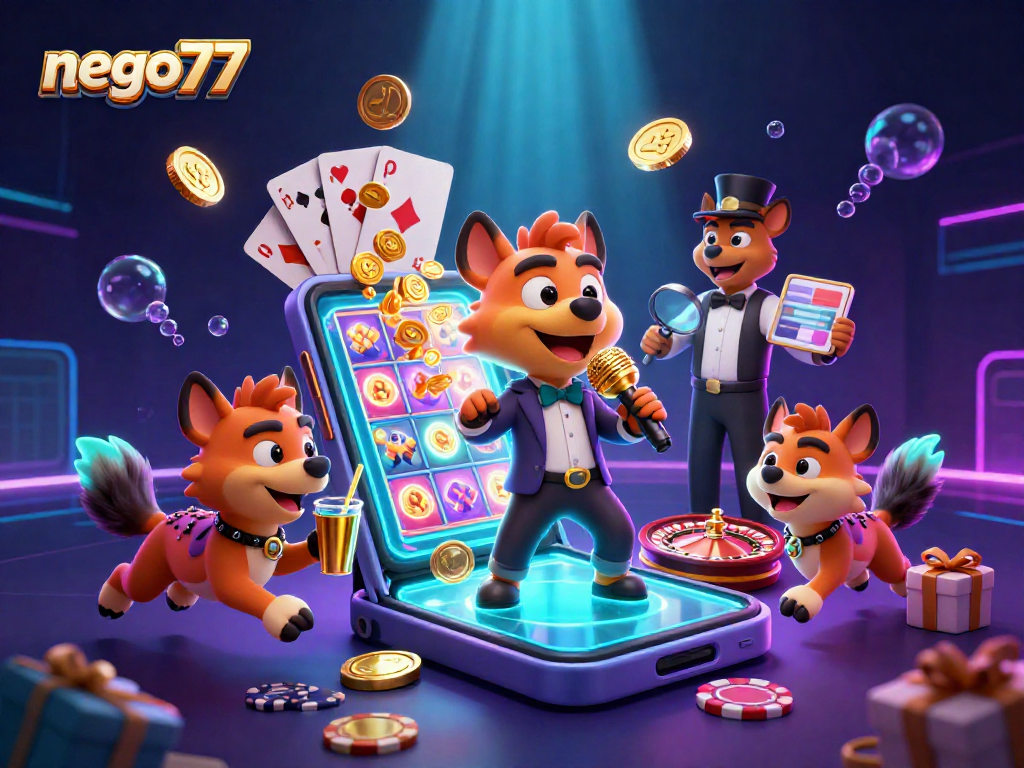 Experience the excitement of nego77 with hyenas in a vibrant casino scene while playing colorful slot games.
