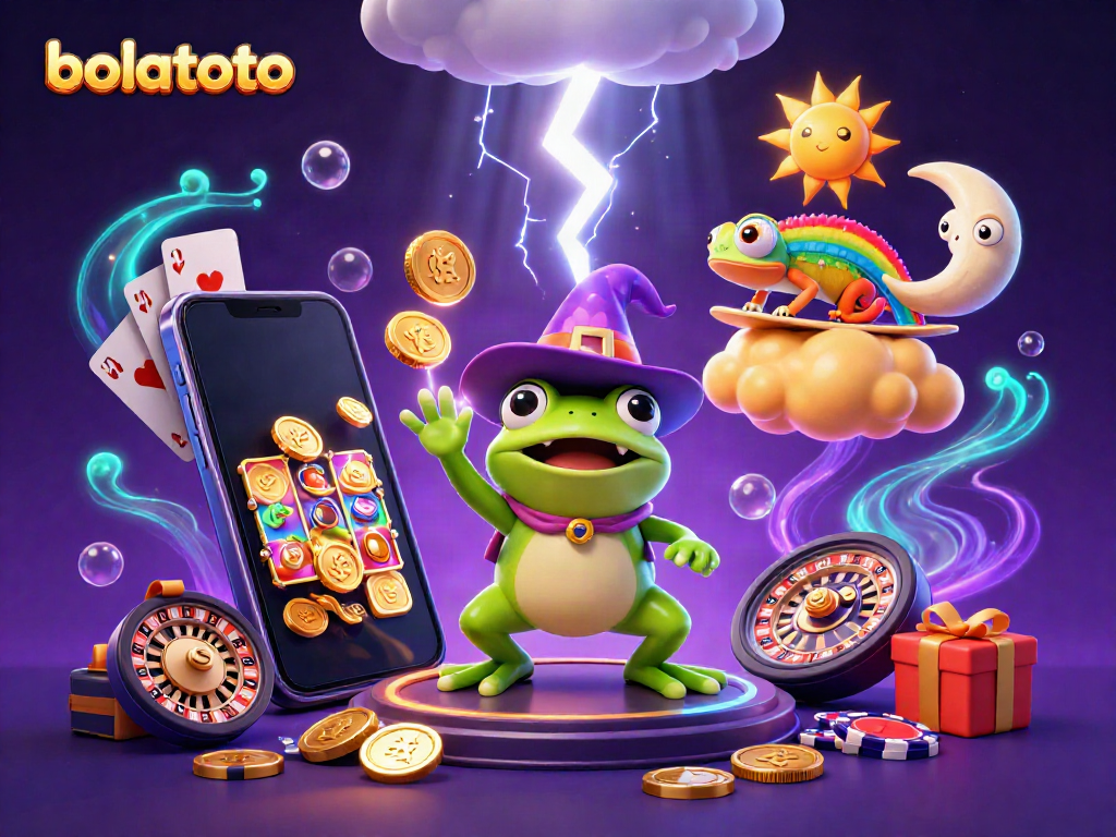 Experience the thrill at bolatoto with a dynamic 3D illustration featuring characters and casino game elements.