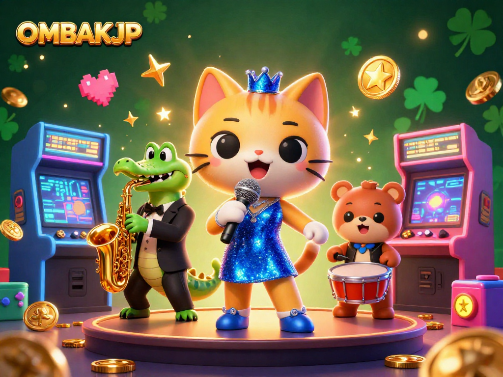 OMBAKJP showcases a lively 3D jazz scene with vibrant casino elements for gamblers seeking fun.