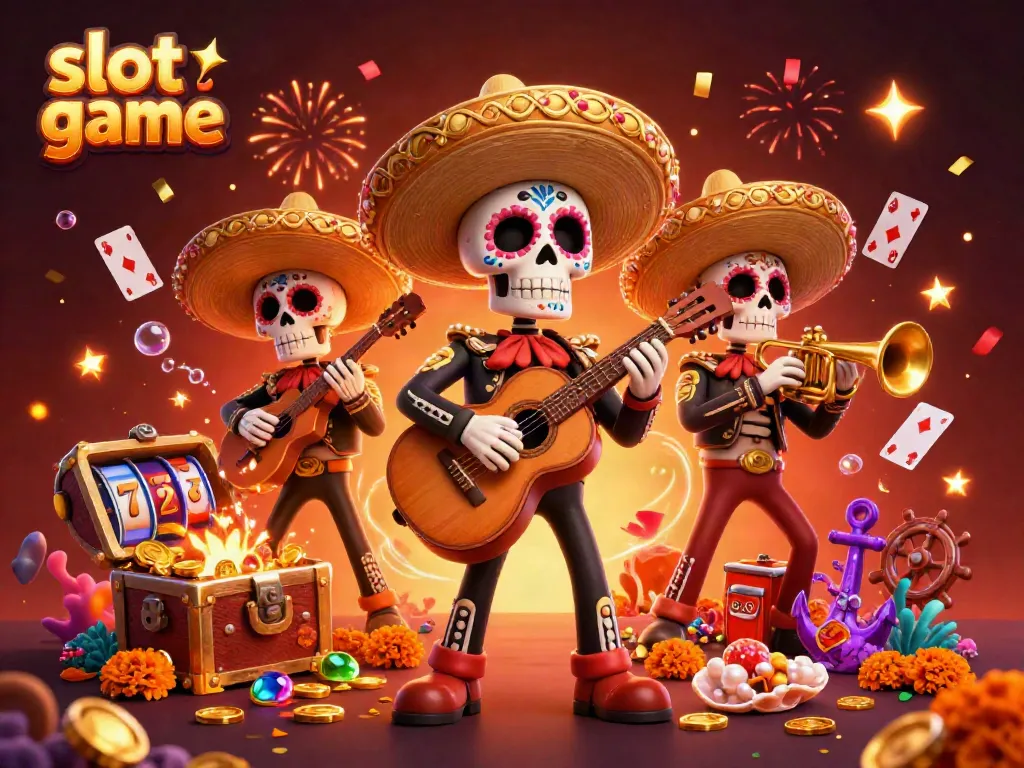 Engage with the exciting slot game experience featuring colorful mariachi skeletons and dynamic casino elements.