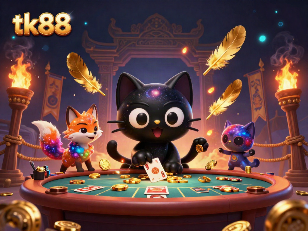 Experience the magic of tk88 with a cosmic casino scene featuring a black hole cat and a nebula fox.