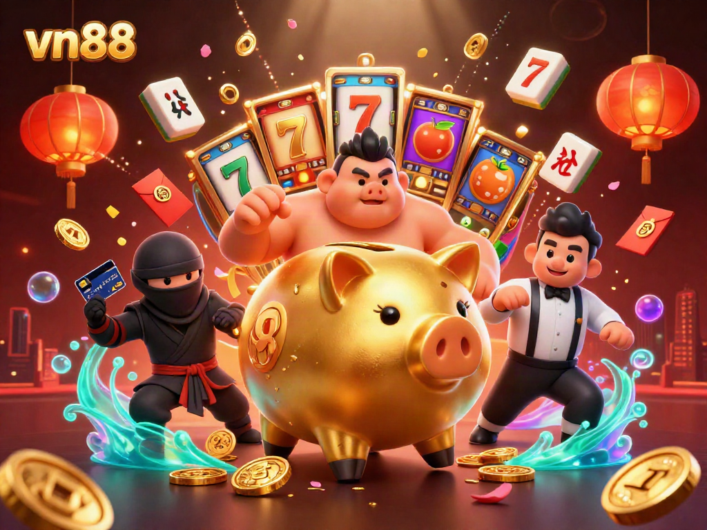 Experience exciting gameplay with vn88's vibrant casino atmosphere showcasing a dynamic piggy bank sumo wrestler.