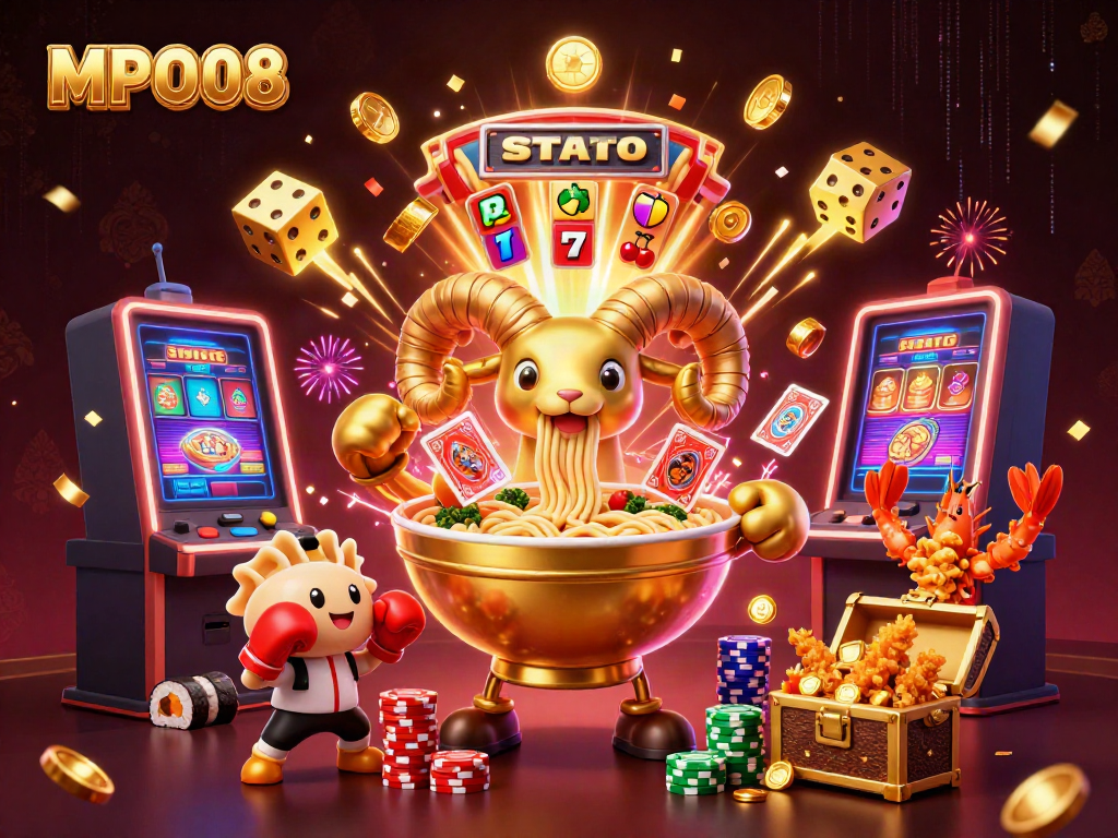 MPO08 vibrant casino scene with a golden ramen bowl character dealing cards, surrounded by explosive slot machines and colorful game elements.