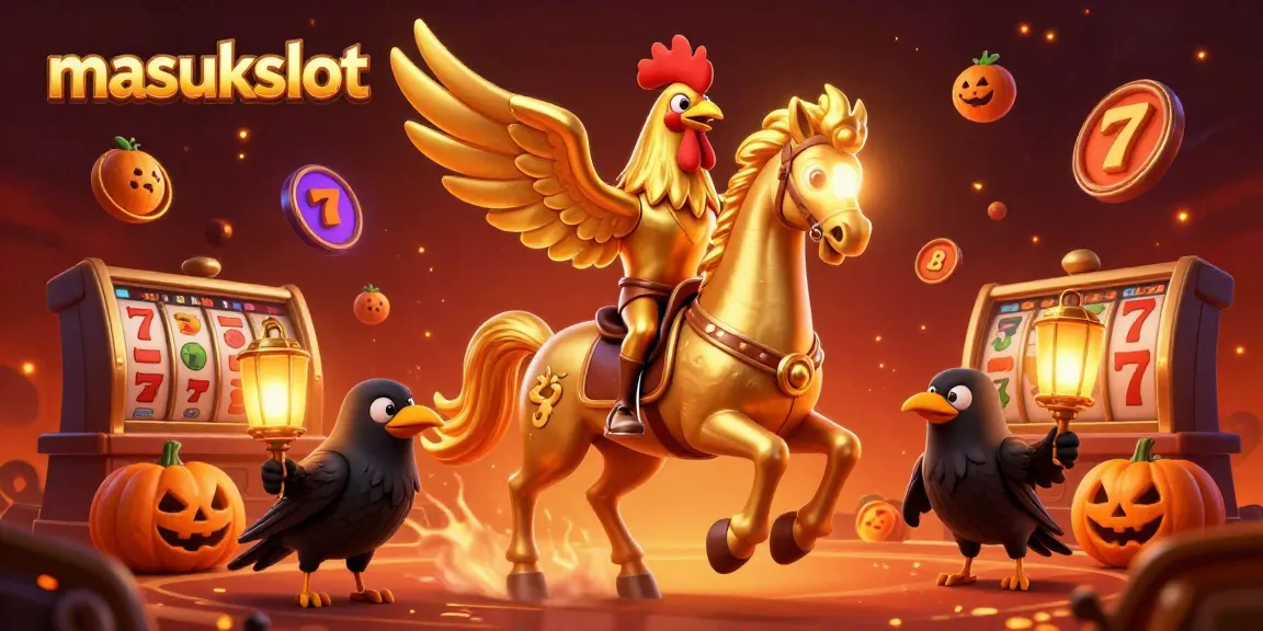Permainan slot menarik di MASUKSLOT dengan ayam jantan emas menunggang kuda spektral di kasino.